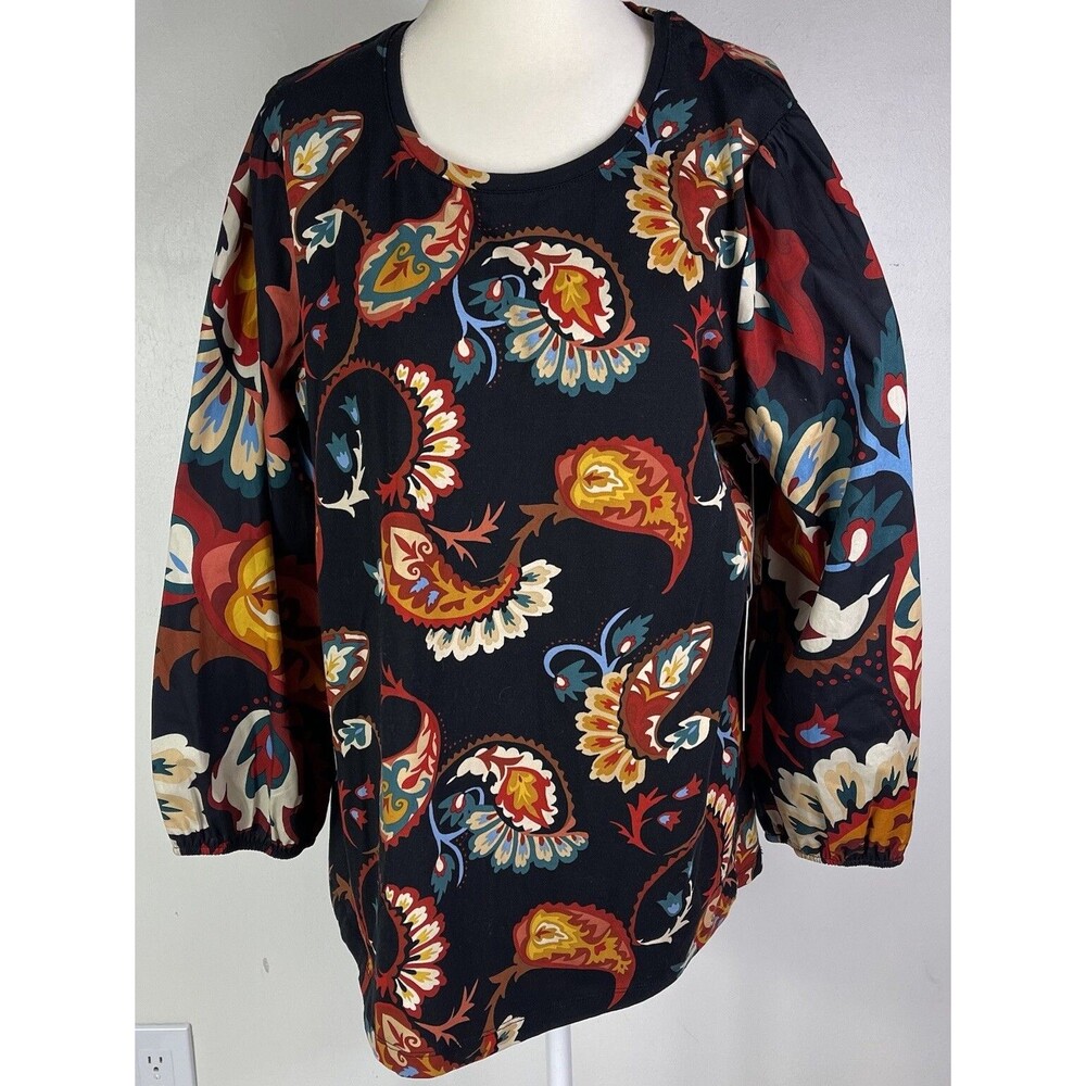 Chico's Womens Paisley Puff Sleeve Top Size Large 2 Cotton Boho Art to Wear